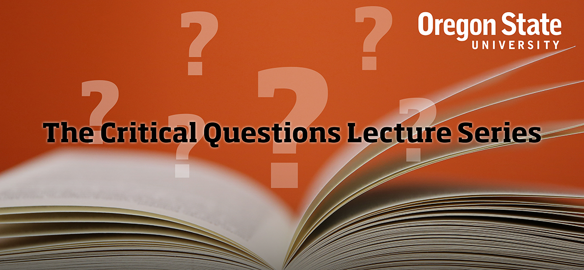 graphic with open book, question marks, and the text: the critical questions lecture series