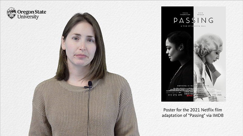 capture from video with Rebecca Fradkin beside the "Passing" film poster and its photo attribution