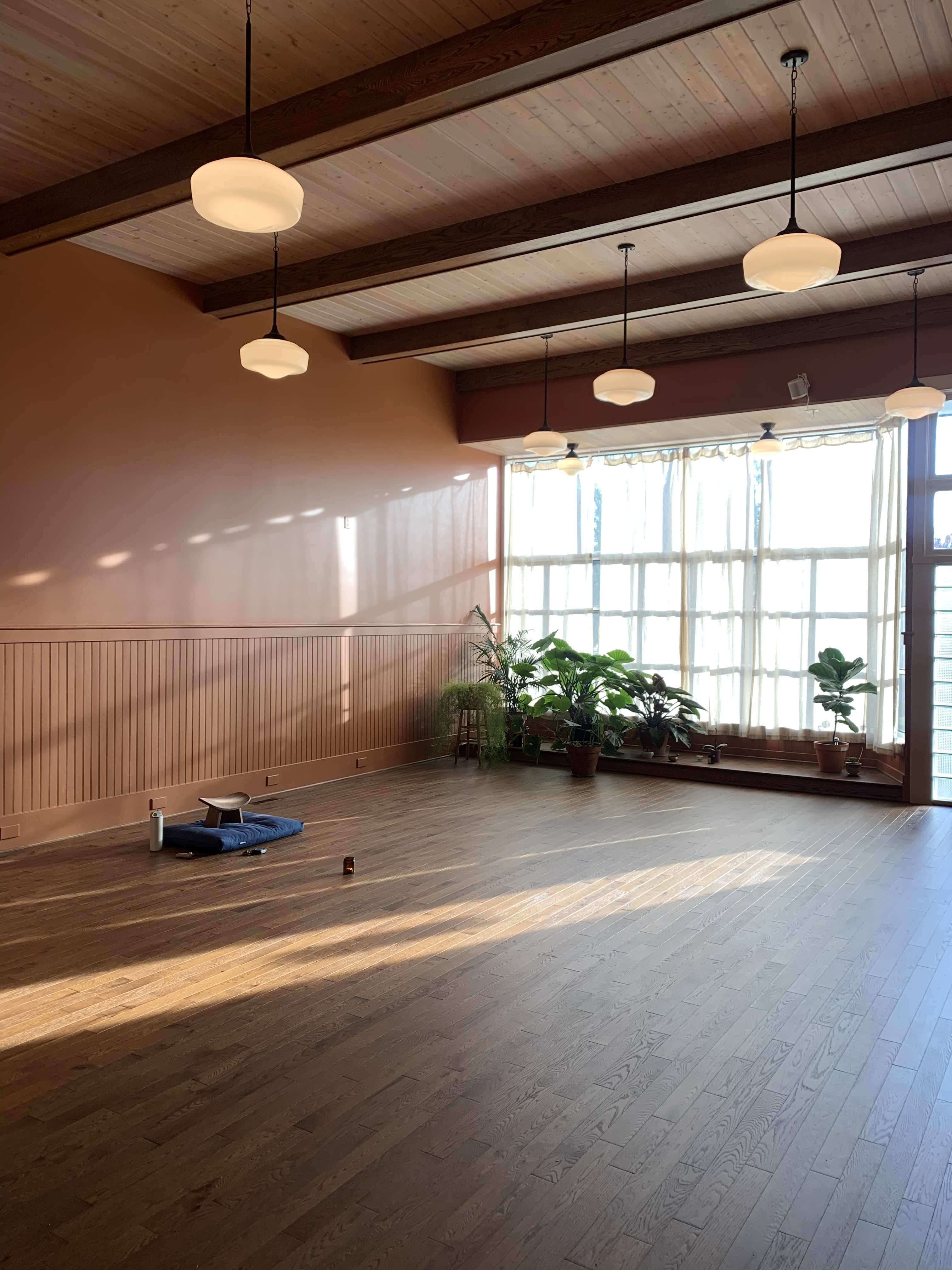 Photo of Marigold Studio interior with large windows, plants, terra cotta color walls, and a meditation cushion.