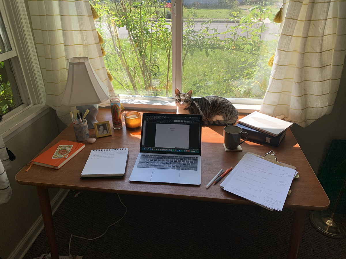 desk in sunlight with cat, photos, notebooks, laptop, and mug on top of it