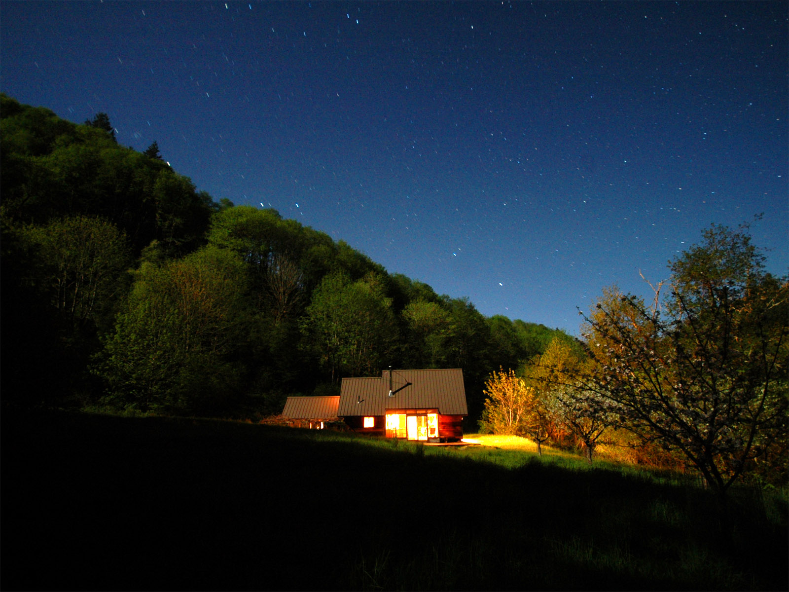 Moonlight cabin on a starry night