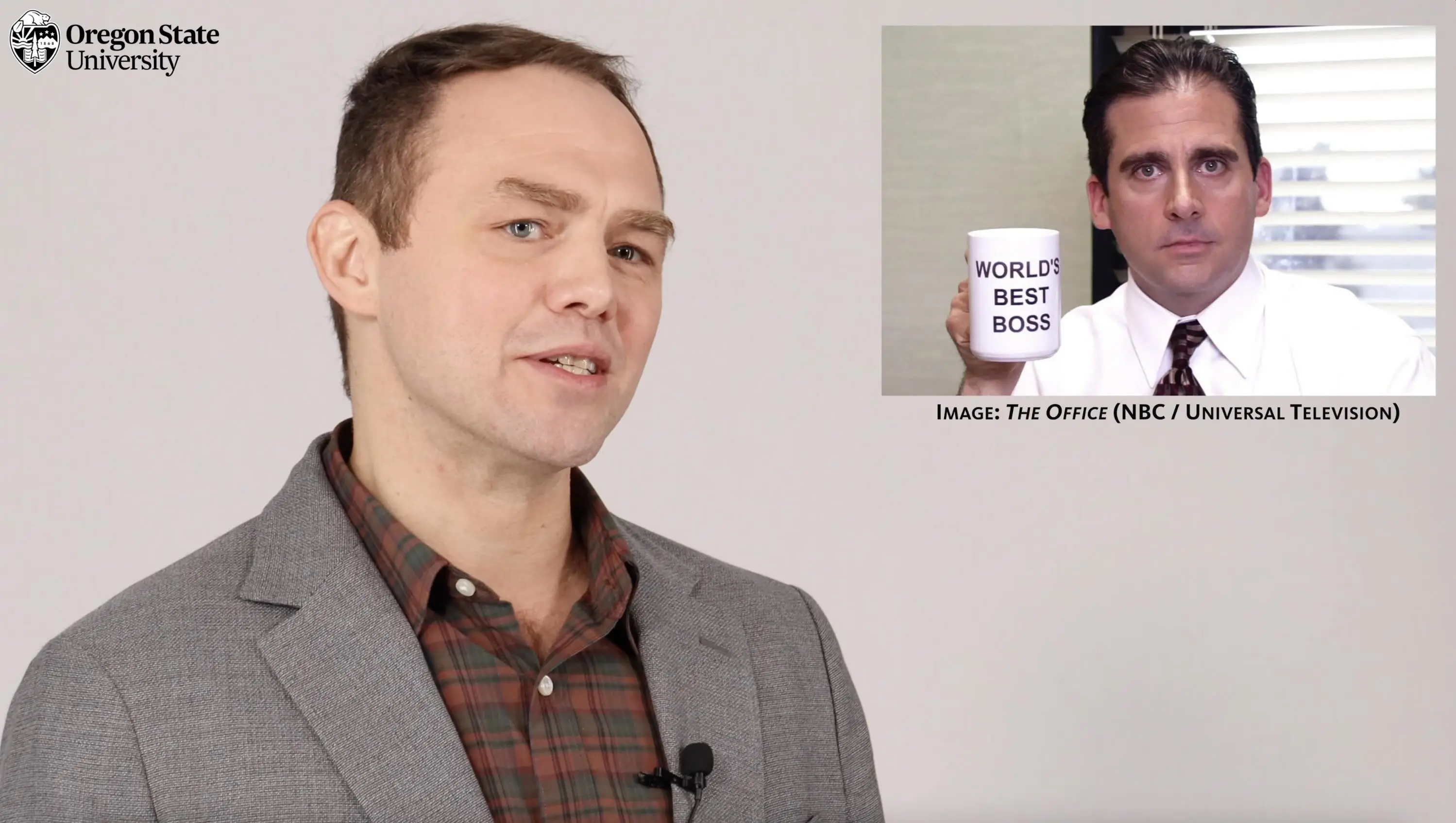 Image of Damien Weaver.  In the top right corner is a still image from The Office television program showing Michael Scott (played by Steve Carell) holding a "World's Best Boss" coffee mug.