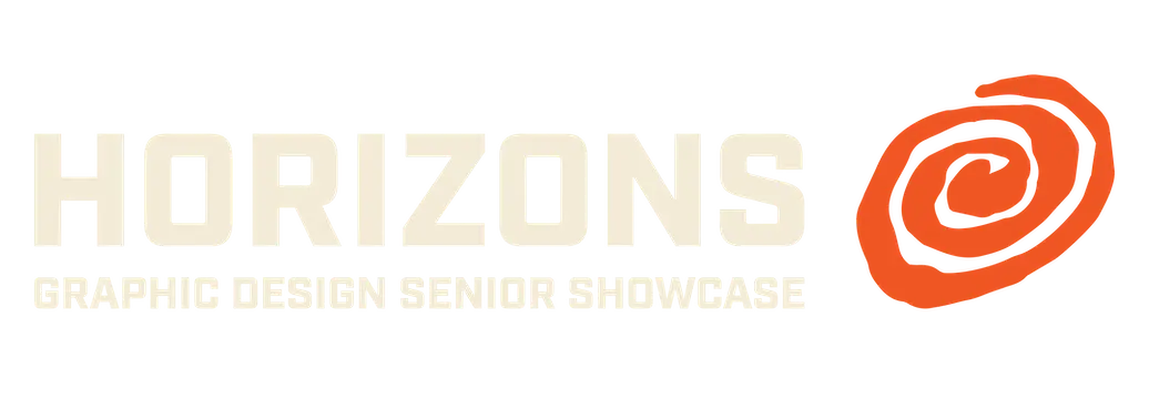 Cream logo reading "Horizons: Graphic Design Senior Showcase" with a swirl logo.