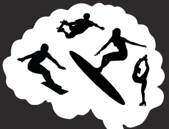 brain with people snowboarding, surfing, skateboarding, and skating