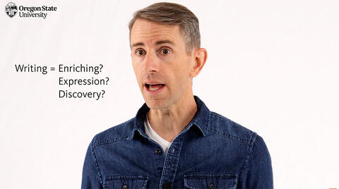 Speaker talking about Writing being Enriching? Expressive? or Discovery? for individuals