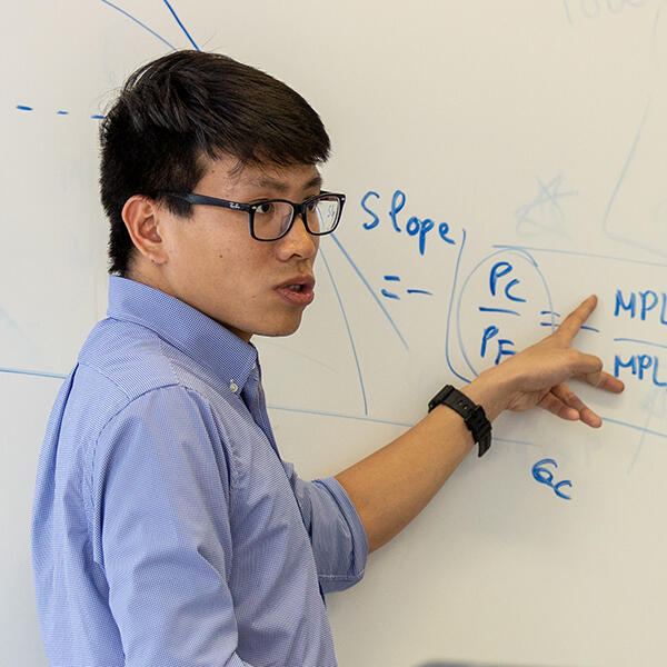 economics professor pointing at formula