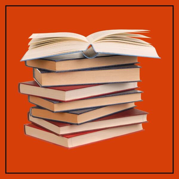 stack of books against an orange background with black border