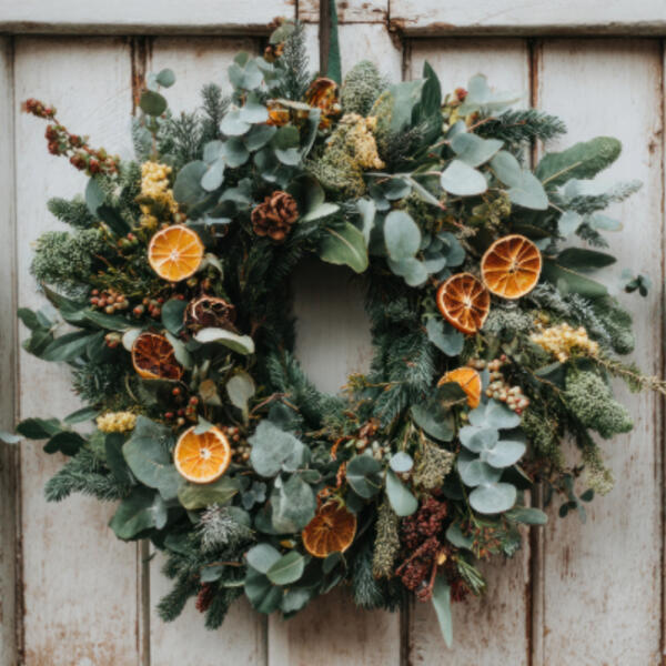 Eucalyptus and fir wreath with dry orange slides and pinecones