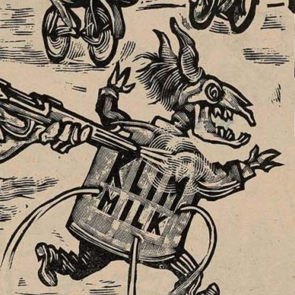 Woodcut illustration of a juvenile cow skeleton whose body is a jug of milk full of holes spouting milk as it is shot at.