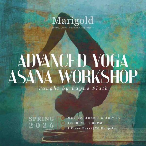 person in pincha mayurasana, blue/green background, and information about the program