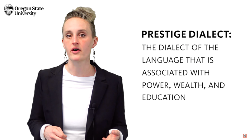 tekla in front of a screen defining the phrase "prestige dialect"